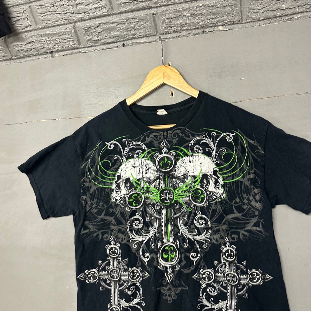 Gildan Heavy Cotton Skull Cross Graphic T Shirt Black Green Size Large